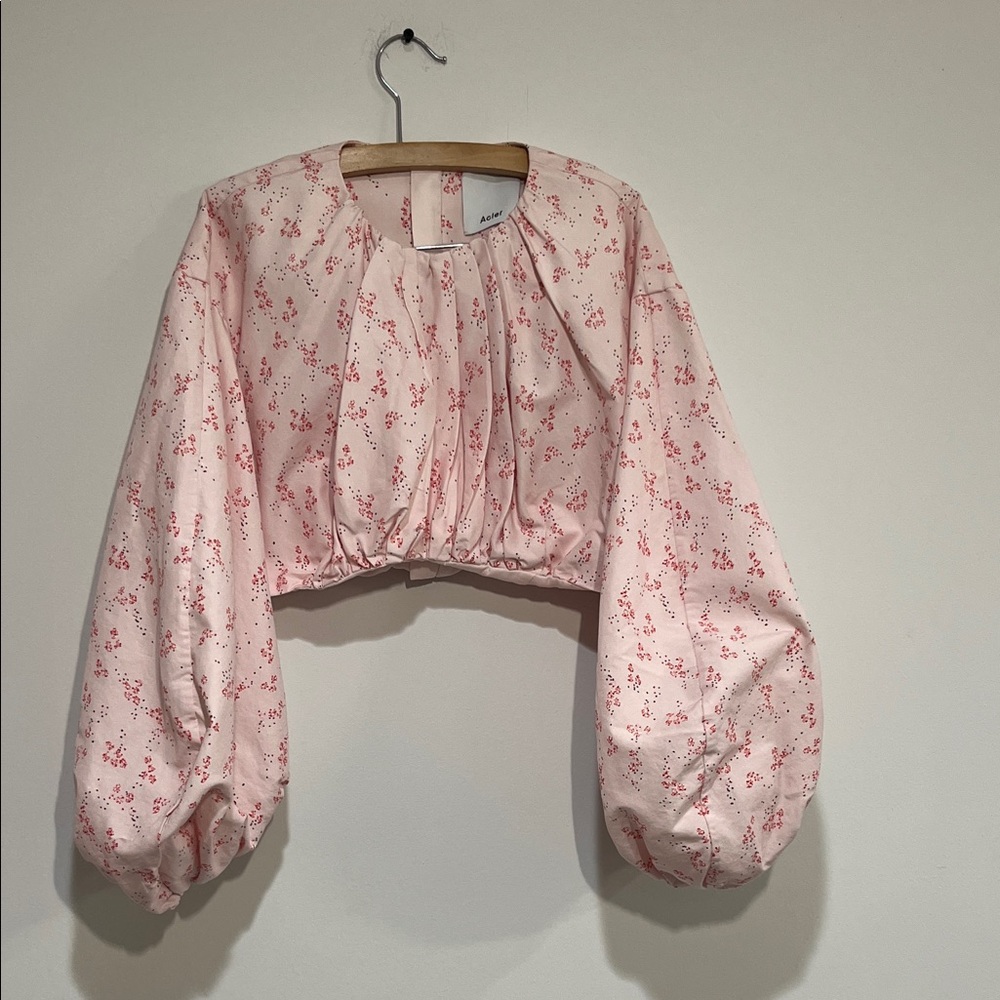 Acler Pink Floral Cropped Balloon-Sleeve Blouse